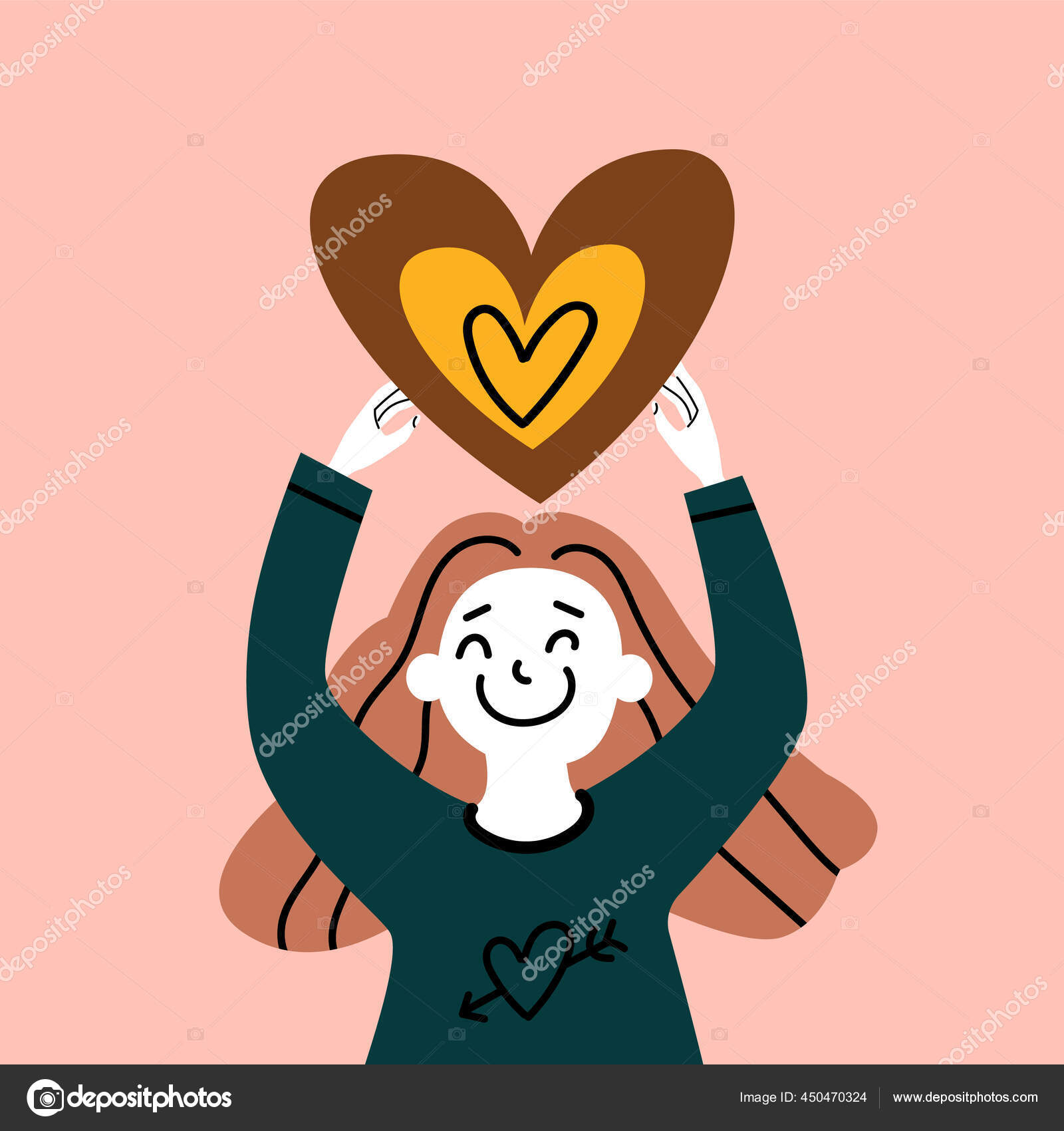 一个积极可爱的女人正小心翼翼地抱着一颗心矢量股票画图爱你自己关心你自己爱你的身体自信的概念现代设计自食其力