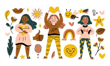 Güzel el çizimi kadınlar ve komik unsurlar. Aşk, kişisel bakım, pozitif, mutluluk konsepti. Mutlu Eps koleksiyonu beyaza izole edildi. Pozitif illüstrasyonların vektör serisi. Kadınlar kendini çok sever.