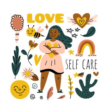 Sevimli el çizimi kadın ve elementler hazır. Aşk, kişisel bakım, pozitif, mutluluk konsepti. Mutlu Eps koleksiyonu beyaza izole edildi. Pozitif illüstrasyonların vektör serisi. Metin, tırnak içinde aşk, araba.