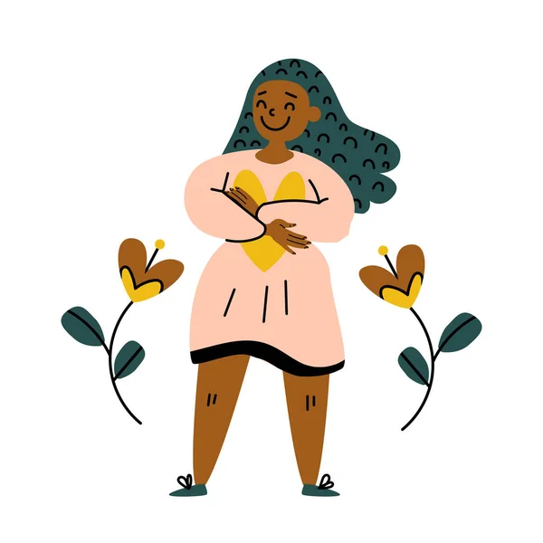 積極的な黒人女性は気を使って自分自身と心を抱きます ベクトルEpsストック手描きイラスト 自分自身を愛し セルフケアを愛し あなたの体 自信の概念を愛する カード 自己サポート 信じて — ストックベクタ
