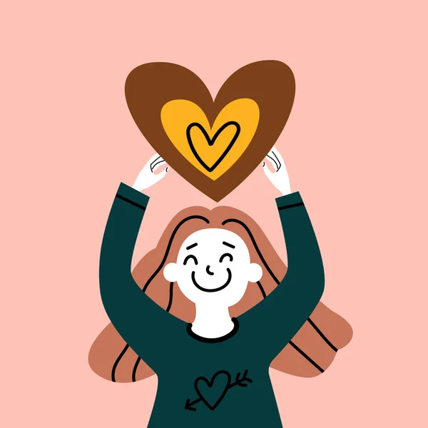 Mujer Linda Positiva Está Sosteniendo Corazón Con Cuidado Vector Stock — Archivo Imágenes Vectoriales