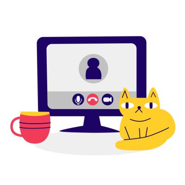 Videoya hisse senedi vektörü konsepti. Bilgisayar monitörü, kullanıcı simgesi, kedi, masa. Bağlantı, çevrimiçi konferans, internet işi, görüntülü sohbet illüstrasyonu. Ekranda çizgi film bilgisayarı ve video çağrı uygulaması