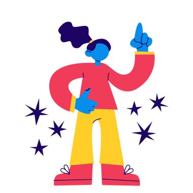 Ayakta duran ve işaret eden kadın, tamam jest, işaret parmağı yukarı. Kız öğrenci, kadın öğretmen, konuşmacı, lider karakter. Kavram: eğitim, öğrenim, konuşma, konuşma, mesaj, konuşma. İllüstrasyon istiyor 