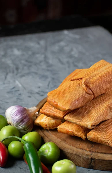 Mexican Cuisine Meat Tamales Accompanied Garlic Chili Tomato — Stock Fotó