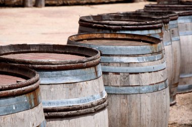 Arka arkaya, açık havada şarap için meşe fıçıları. İspanya