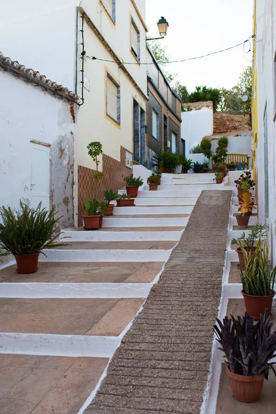 Bella Strada Alvor Case Bianche Vasi Con Piante Portimao Algarve — Foto Stock