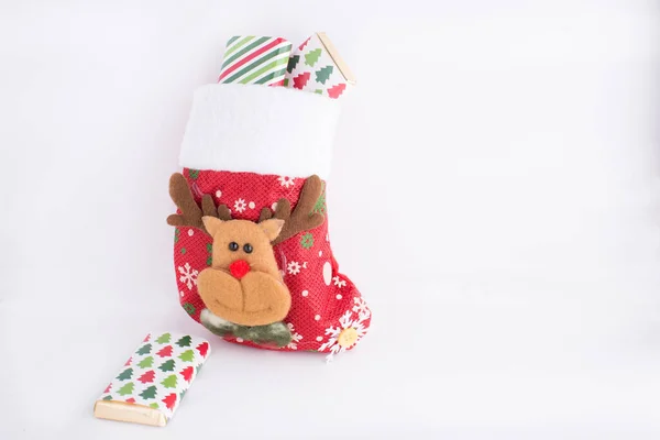 Christmas Sock Full Chocolates White Background — Stock Photo, Image