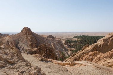 Panorama, Chebika kanyonu ve vaha manzarası. Tunus, Afrika