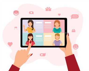 Social distancing and love in the Internet. online dating service with the concept of long-distance relationships, a woman's hand holding a tablet and choosing women on a virtual love app, flat vector
