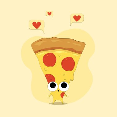 Sevimli gülümseyen komik şirin pizza dilimi. Vektör modern düz stil çizgi film karakteri çizim. Beyaz arka plan üzerinde izole. Pizza dilimi kavramı