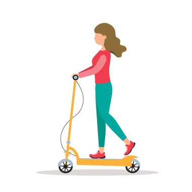 Elektrikli scooter kullanan aktif genç bir kadın. Vektör illüstrasyonu.