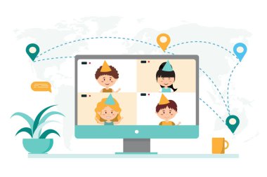 Doğum günün kutlu olsun çocuklar pasta ve balonlar ekranda. Görüntülü konuşma çevrimiçi. Karantina sırasında internet iletişimi. Çizgi film tarzında. Vektör illüstrasyonu