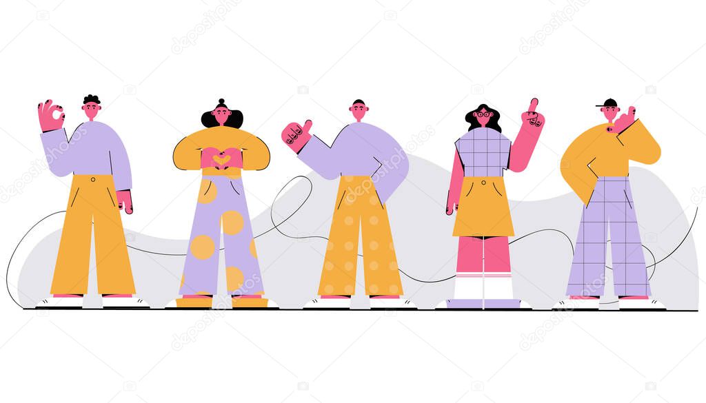 Vector illustration isolated on a white background. Standing people showing emotions with gestures. OK sign, cool sign, a finger heart, idea sign and a call me back gesture