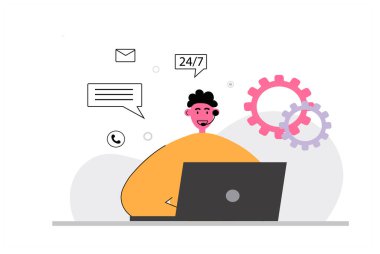 Kulaklıklı yardım hattı servisi. Danışmanlık konsepti, tele pazarlama, danışman, sekreter. Beyaz arka planda izole edilmiş. düz stil modern marka tasarım vektör çizimi