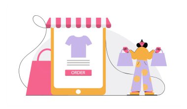 Çevrimiçi alışveriş konsepti kıyafetleri. Vektör illüstrasyonu. Kız kıyafet çantalarını tutuyor..