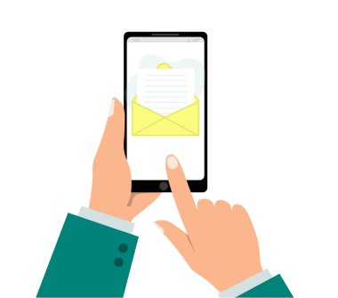Smartphone ile belge ve zarf üstünde perde. El smartphone tutar, parmak ekran dokunur. E-posta kavramı. Modern grafik web siteleri, web afiş, infographics için. Düz tasarlamak vektör