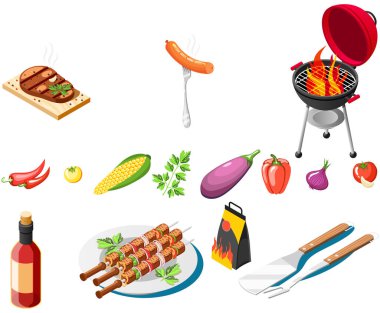 Barbekü vektör ikonları gıda ürünleri bbq ızgara mutfak aile mutfağı zaman çizelgesi, ızgara barbekü partisi izometrik kompozisyonu