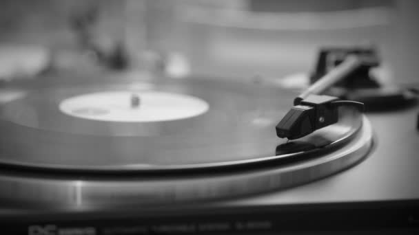 Hitam dan Putih. Jarumnya turun pada catatan vinil vintage. Rekaman vinil berputar-putar. Jarumnya memainkan rekaman vinil vintage. Turntable lama — Stok Video