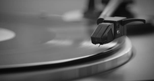 Siyah ve Beyaz. İğne vinil plağa batıyor. Vinil plak dönüyor. İğne vinil plakla çalınıyor. Eski turntable — Stok video