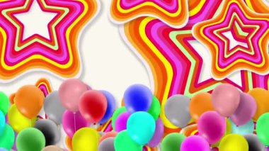 Bir sürü renkli balon rüzgarın gücüyle sallanıyor.