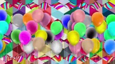 Bir sürü renkli balon rüzgarın gücüyle sallanıyor.