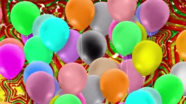 Bir sürü renkli balon rüzgarın gücüyle sallanıyor.