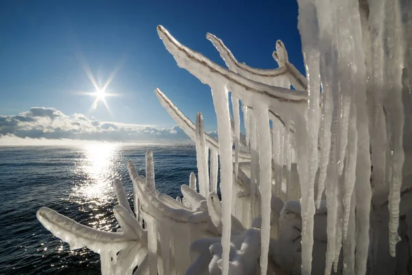 Spruzzi congelati su brunch di alberi sulla costa del lago Baikal con percorso solare sull'acqua — Foto Stock