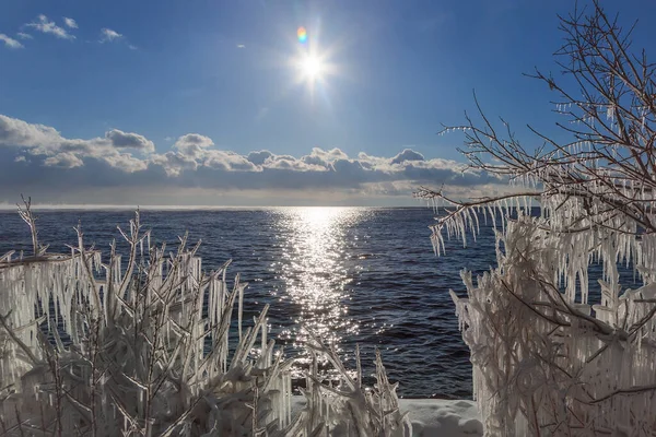 Icicles on brunches of trees on the coast of Baikal lake with sun and clouds — Stock fotografie