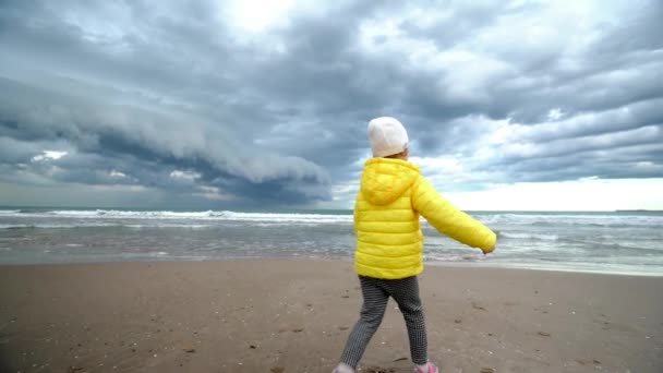 Una niña lanza una roca al mar en el centro del marco. — Vídeos de Stock
