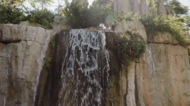 A small strong waterfall in the shadow in the center of the frame.