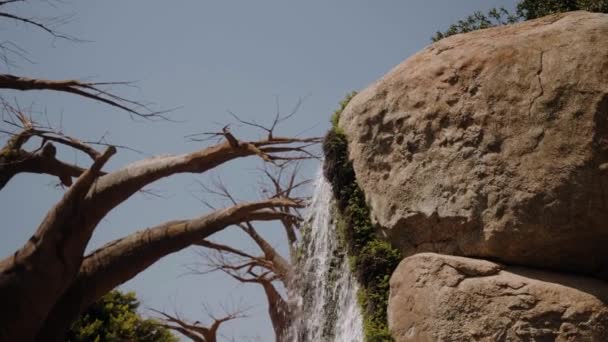 Kleine waterval zijaanzicht, de camera beweegt van boven naar beneden. — Stockvideo