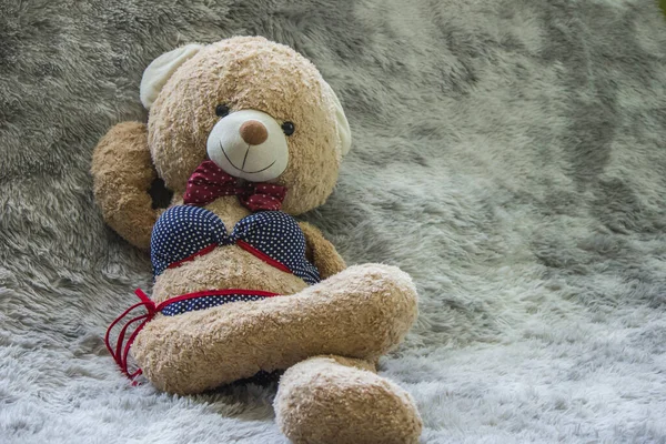 Ein Großer Brauner Teddybär Bikini Sitzt Auf Einem Pelzmantel — Stockfoto