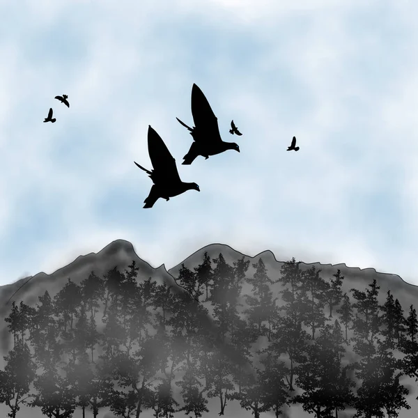 Grupo Pássaros Negros Voando Sobre Montanha — Fotografia de Stock
