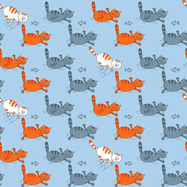 Бесшовный рисунок с различными плавающими кошками и рыбами — стоковый вектор