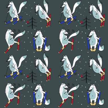 Kayak tilkilerinin kusursuz deseni. Hayvani vektör arka planı. Beyaz, mavi ve kırmızı tonlarda. Duvar kağıtları, şablon dolguları, tekstil, yüzey dokuları için kullanılabilir
