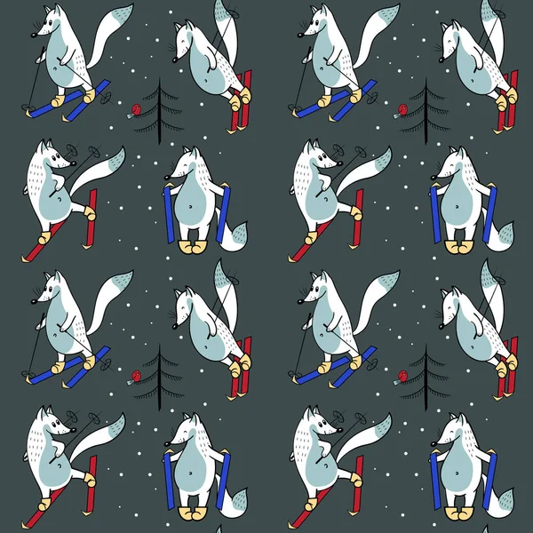 Бесшовный Рисунок Лыжных Лис Животный Векторный Фон Белый Синий Красный — стоковый вектор
