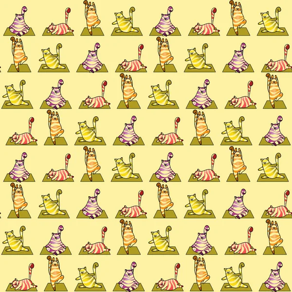 Tekir yoga kedileri ve minderlerle kusursuz desen. Hayvani vektör arka planı. Sarı ve kırmızı tonlar. Duvar kağıtları, şablon dolguları, tekstil, yüzey dokuları için kullanılabilir