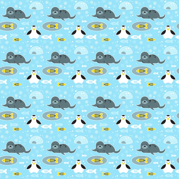 Seamless pattern with penguins, seals, fishes and snowflakes — Stock Vector