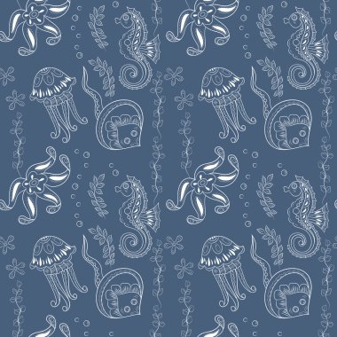 Pattern with seahorses,  jellyfishes, starfishes and stingrays