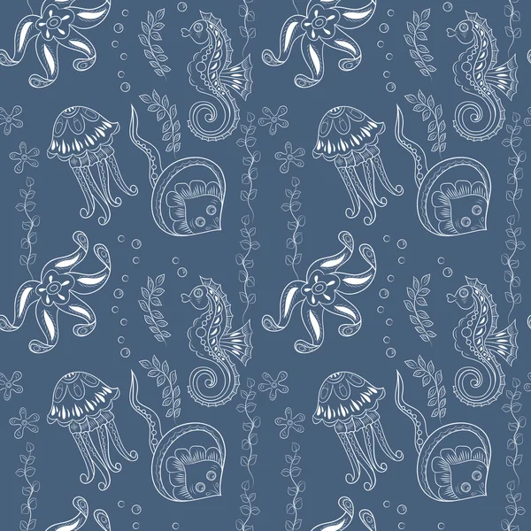 Pattern with seahorses,  jellyfishes, starfishes and stingrays