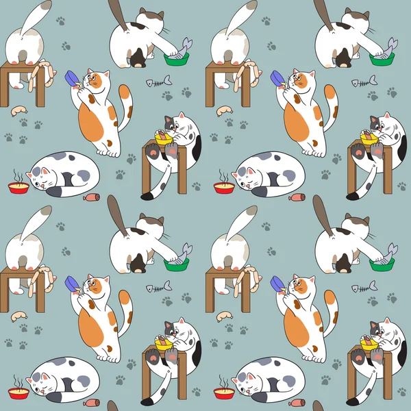 Mönster med katter och mat — Stock vektor