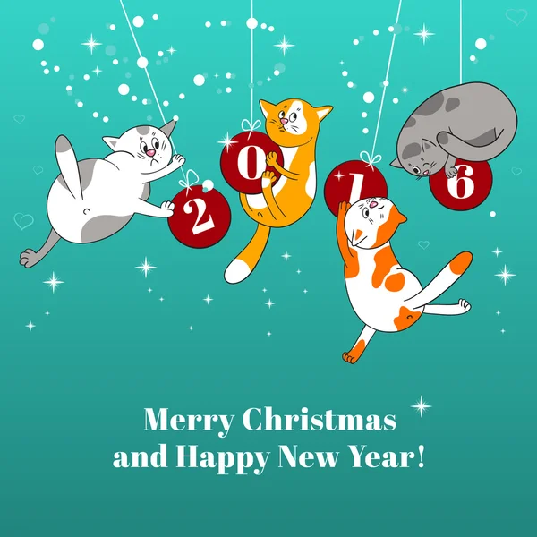 Neşeli Noel kartı ile Noel ağacı topları ve kediler