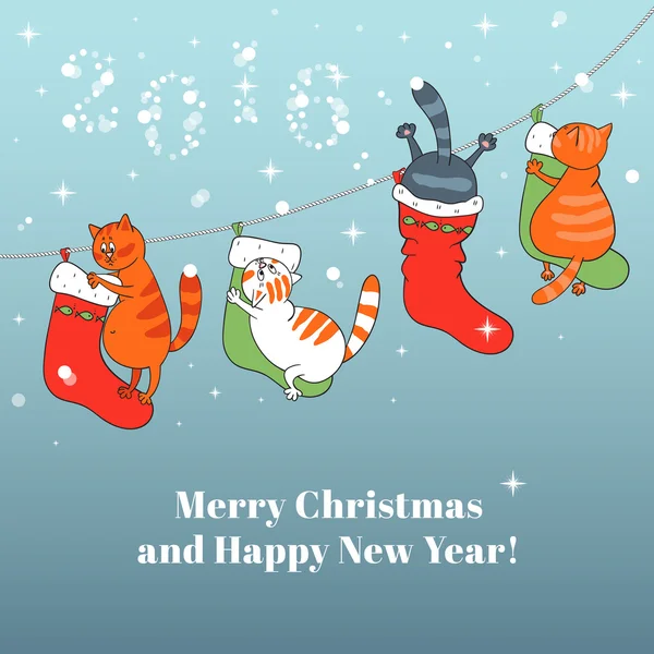 Tarjeta Feliz Navidad con Botas de Navidad, copos de nieve y gatos — Vector de stock