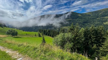 Yeşil tarlaları olan yemyeşil Alp Vadisi dağlarla buluşuyor. Alçak bulutlar ve mavi gökyüzü dingin bir zemin oluşturur. Seyahat ve macera temaları için harika. Sakin doğa sahnesi