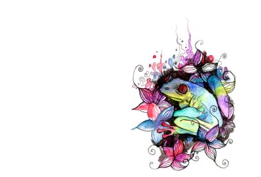Tropikal renklere sahip bir ağaç kurbağasının bembeyaz arkaplan boşluğuna sahip neon gökkuşağı suluboya görüntüsü