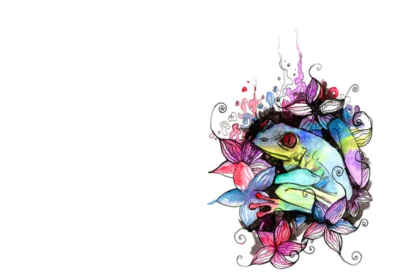 Illustration Tree Frog Tropical Colors Neon Rainbow Watercolor Horizontal Image Stock Picture