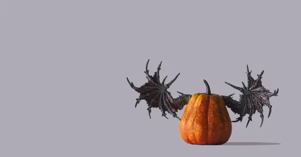 Oranžová Dýně Černými Děsivými Křídly Šedém Pozadí Koncepce Minimalismu Halloween — Stock fotografie