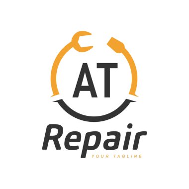 Tamir Logosuyla AT Mektup Tasarımı. Modern Harf Logosu Tamir Simgesi Tasarımı