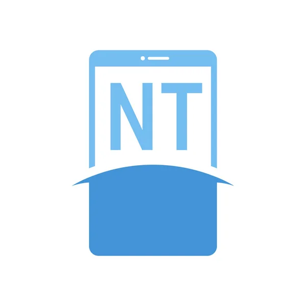 スマートフォンのアイコンとNt文字のロゴデザイン 現代の携帯電話のロゴコンセプト — ストックベクタ