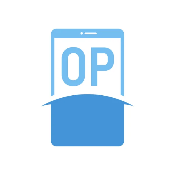 スマートフォンのアイコンが付いたOpレターロゴデザイン 現代の携帯電話のロゴコンセプト — ストックベクタ